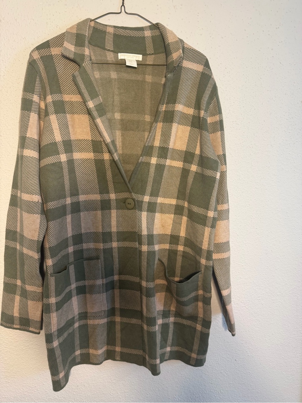 Christian Siriano Knit Cardigan in Sage and Beige Plaid